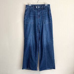 American Eagle Womens Super Hi Rise Baggy Wide Leg Jeans Size 10 LONG Med Wash